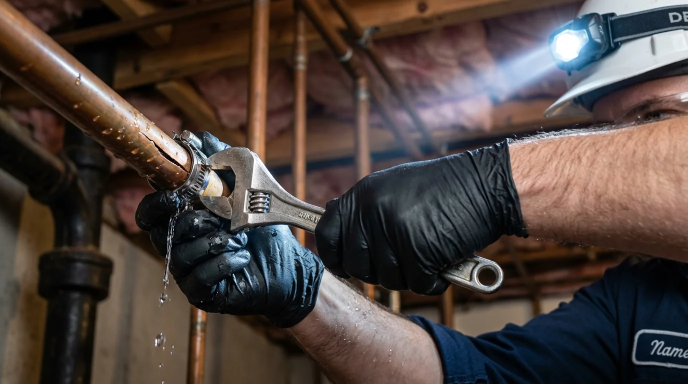 Emergency pipe clamp repair being performed by a Johns Plumbing LLC plumber in Anson